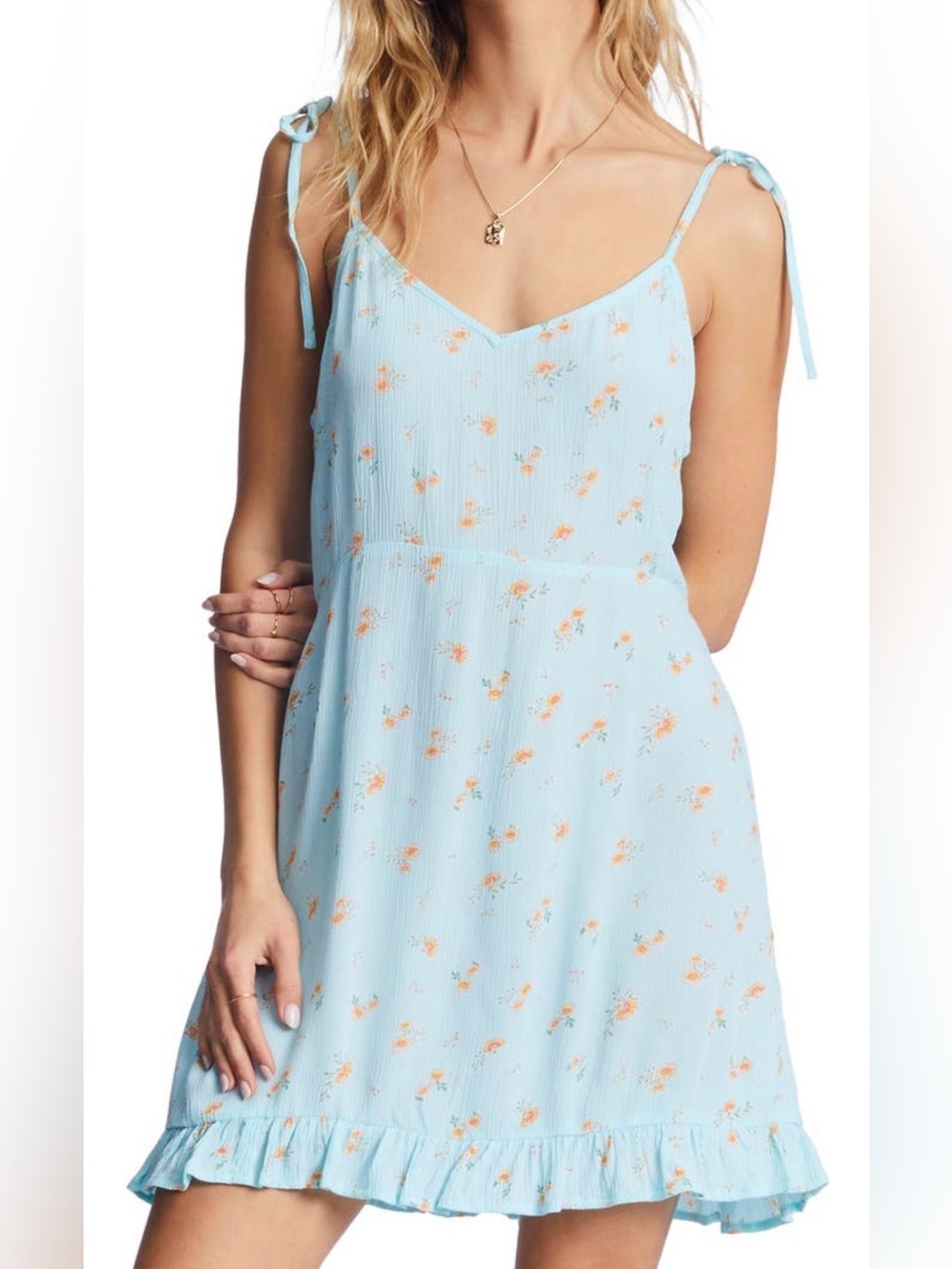 Billabong Light Blue Floral Shoulder Tie Lightweight Mini Sundress Dress